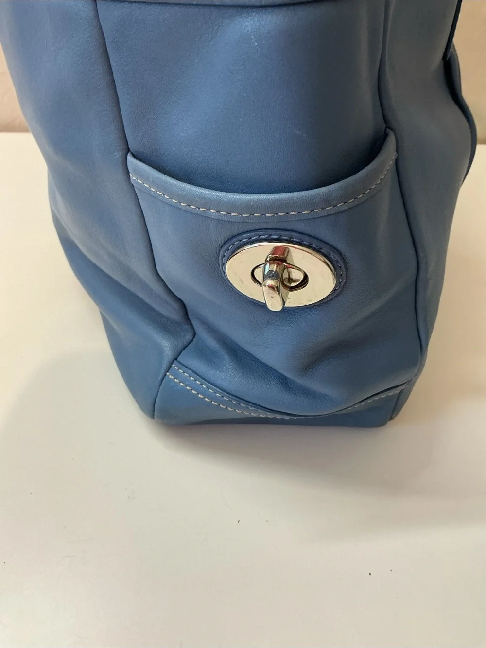 Coach East West Pleated Gallery Tote F13759 Blue Leather Shoulder Bag Y2K